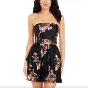 Dress the Population Libby Tiered Metallic Strapless Black and Gold Floral Dress